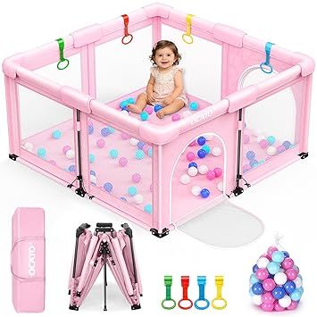 OCATO Baby Playpen: Foldable Playpen for Babies and Toddlers Large Play Pen Portable Playpen Fence Indoor Outdoor Kids Safety Area Travel Play Yard with 4 Handlers 50 Balls Baby Girl Gifts (50" × 50")
