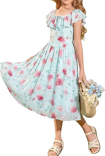 GRACE KARIN Girls Floral Dress Summer Midi Dress Off Shoulder Ruffle Spring Long Dresses