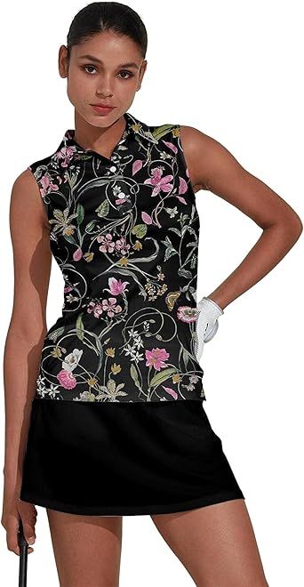 ACEGOLFS Women's Golf Shirts Sleeveless Collared Shirt for Women Quick Dry Button Up Tennis T-Shirt Printed Workout Tank Tops