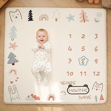1.3" Thick Playmat for Floor, 50 x50 Monthly Milestone Mat, Padded Support Soft Plush Nursery Mats for Crawling Kick Activity, Flannel Photography Background Prop for Boys Grils