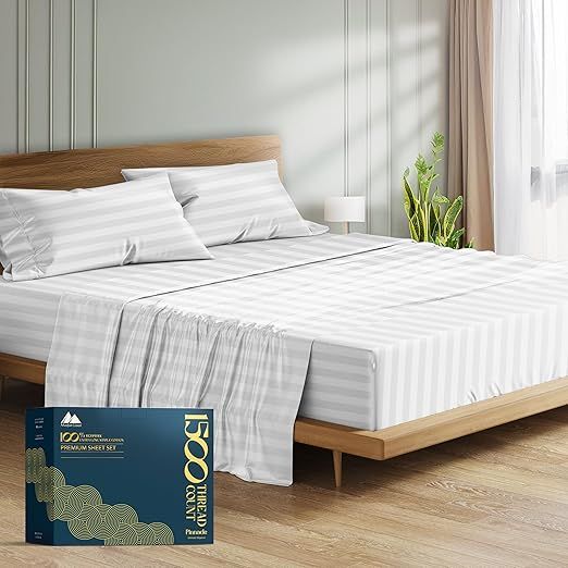 Mayfair Linen King Sheet Set Egyptian Cotton - 1500 Thread Count 4 PC Damask Egyptian Cotton Sheets King Size, Cooling High Thread Count Deep Pocket Sheets, Fits Upto 19" Pocket - White Stripe