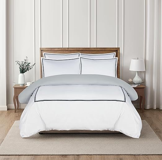 Majestic Giftware Madison Linen 8 Pcs Twin Size Bedding Set (BL57-T) | Lyon - Navy/Gray 400 TC Cotton Sateen Durable & Eashable | 2 Fitted Sheets, 2 Duvets, 4 Pillowcases - Noble Collection