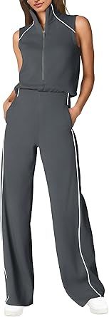 SENSERISE Womens Summer Jumpsuits Dressy Casual Sleeveless Mock Neck Top Wide Leg Pants Romper with Pockets