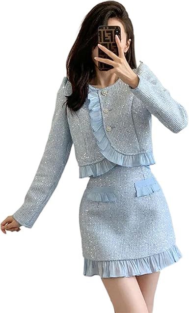 Light Blue Ruffles Trim Tweed Two Piece Set Women Shiny Sequins Short Jacket Coat+Mini Skirt Sets