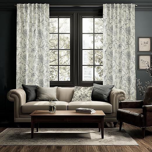Black Floral Curtains for Sliding Glass Doors,Privacy Semi Blackout Farmhouse Patterned 8 FT 8FT Length Floor to Ceiling Curtain Drapes for Living Room 96 Inches Long 2 Panels Set