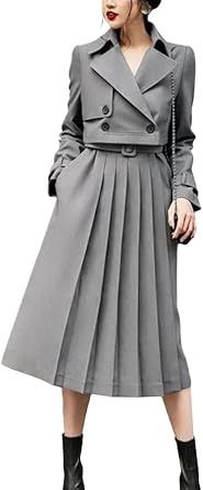 Women's Two Piece Blazer Skirt Set Short Jacket Pleated Midi Skirt Winter Outfit Casual Daily Wear