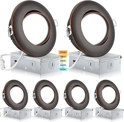 KnLnny Ware Oil Rubbed Bronze 4 Inch Gimbal Led Recessed Lights 6 Pack,Ajustable Eyeball Recessed Lights with Junction Box,5CCT Selectable,9W 750LM,Dimmable