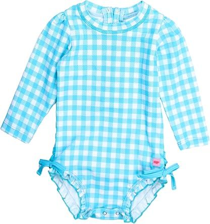 RuffleButts Baby Girls UPF 50+ Sun Protection Gingham Printed Long Sleeve One Piece Rash Guard Swimsuit with Zipper