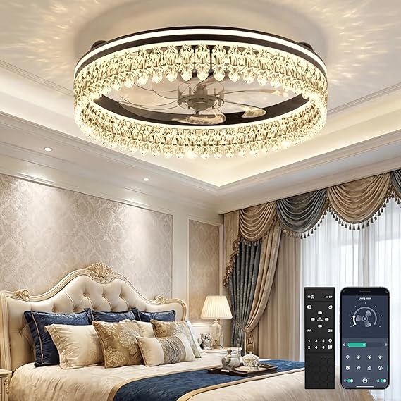 Ceiling Fan with Light,20" Flush Mount Ceiling Fan,6 Speeds,3000-6500K Dimmable LED, App&Remote Control, Quiet DC Motor for Bedroom Living Room Modern Ceiling Fans with Lights (Black, 20inch-Plume)