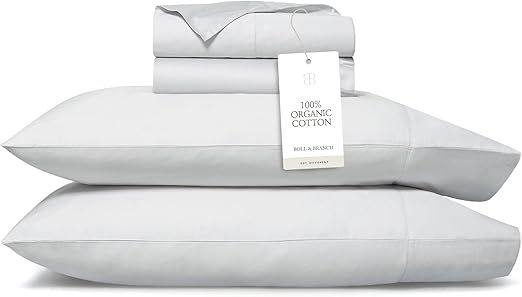 BOLL & BRANCH Percale Hemmed Sheet Set - Cooling Breathable Bed Sheets for Hot Sleepers - Full, Sky - Luxury 100% Organic Cotton - 1 Flat, 1 Fitted, 2 Pillowcases