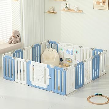 18 Panels Baby Play Pen, Extra Large Baby Playpen, Foldable Astronauts Play Pens for Babies and Toddlers, Adjustable Portable Fence Gate Playpen Yard, Blue