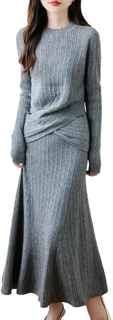 Niiyyjj Women's Fall Two-Piece Knitted Suit Solid Wool Long Sleeve Sweater Umbrella Skirt Vintage Sweater Set