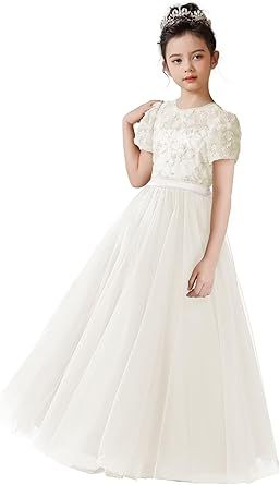 dideyttawl Flower Girls Dress 3D Embroidery Lace Appliqued Puff Tulle Satin Bow High-Waisted Maxi Dress 754T
