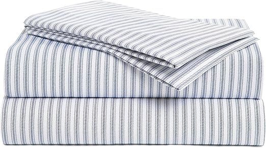 Peru Pima 415 Thread Count Percal California King Sheet Set - 100% Peruvian Pima Cotton, 4 Piece (Flat, Fitted, 2 Pillowcases) - Cooling, Deep Pocket, Hotel Quality Bedding - Nautical Stripe Blue