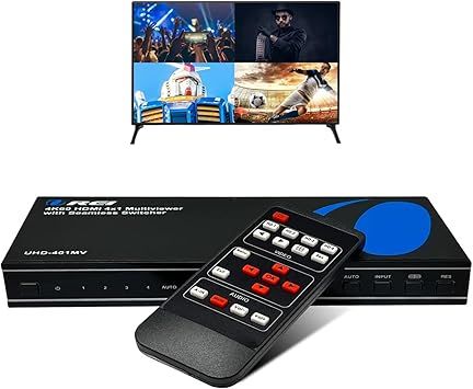 OREI 4K Multi HDMI Viewer Quad 4 in 1 Out, Switcher 4 Ports Seamless IR Remote Support 4K @ 60Hz 1080P for PS4/PC/DVD/Security Camera, HDMI Switch Optical Audio L/R Output - UHD-401MV