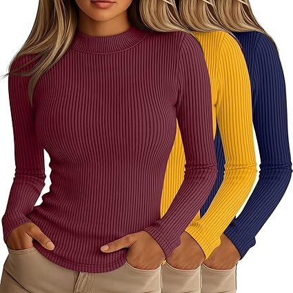Riyiper 3 Pack Women's Ribbed Shirts, Mock Turtleneck Long Sleeve Tops Slim Fitted Undershirts Casual Basic Layering Tees