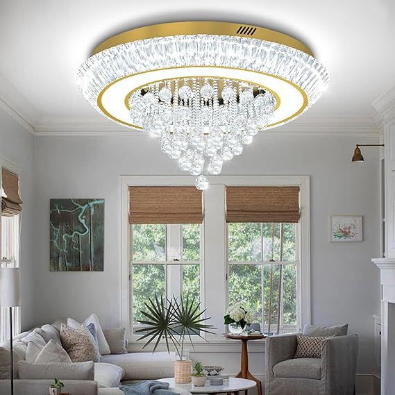 Modern LED Crystal Chandelier, Large Round Raindrop Chandelier for Living Dining Room 32in Gold Flush Mount Ceiling Light Kitchen Island Bar