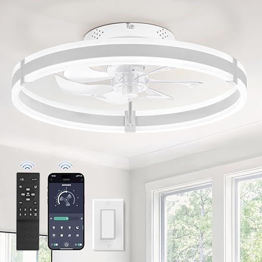 ZMISHIBO Ceiling Fans with Lights and Remote, 19.7'' Low Profile Ceiling Fan, 3000-6000K Dimmable Modern Flush Mount LED Fan Light, 6 Wind Speeds, White Fandelier Ceiling Fans for Bedroom