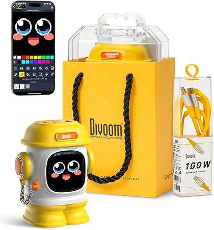 Divoom Dipow 65W USB-C Charger 3-Port Fast GaN Charger with DIY Pixel Display Foldable Compact Wall Block Power Adapter for iPhone 16/15 MacBook iPad Galaxy S23/S24 Switch Yellow (with 100w Cable)