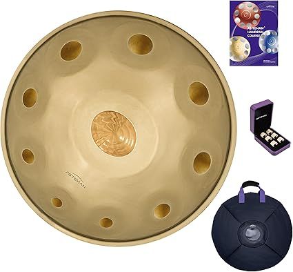 AS TEMAN 22" D Minor Handpan, 10 Notes, Steel Construction, Includes Backpack, Stand, Mallets, Finger Guards & Cleaning Cloth (Gold, 432Hz)