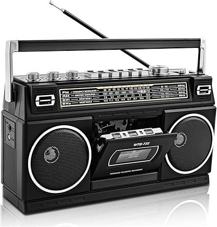 Retro Classic 80s Style Portable Boombox with Cassette Player Recorder, AM/FM/SW1/SW2 Radio, Bluetooth, USB/Micro SD Slots, Headphone Jack, 24W Dual Full-Range High Bass Speakers