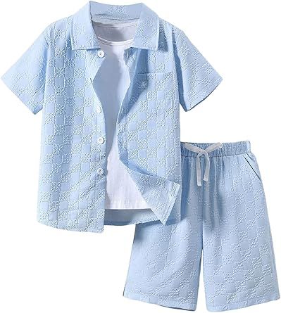 Boy's 2 Piece Beach Vacation Textured Linen Outfit Short Sleeve Button Down Shirt Top and Shorts Summer Set