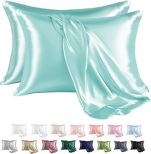 MR&HM Satin Pillowcase for Hair and Skin, Silk Satin Pillowcase 2 Pack, Queen Size Pillow Cases Set of 2, Silky Pillow Cover with Envelope Closure (20x30, Turquoise)