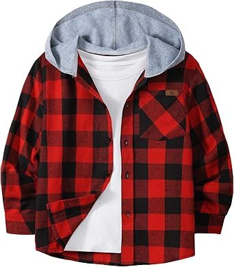 SWISSWELL Boys Long Sleeve Button-up Shirt with Hood Unisex Kids Cotton Plaid Hoodie Flannel Fall Shirts for 6-15 Years