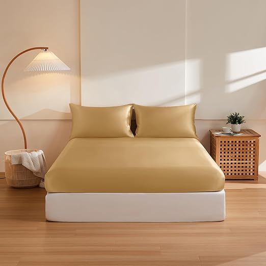 THXSILK 6A+ Top Grade 100% Pure Mulberry Silk Cal. King Fitted Sheet 3Pcs Set Bed Sheets Luxury Bedding for Hair and Skin Cooling Soft Durable, 1 Fitted Sheet with 2 Pillowcases, Metallic Gold