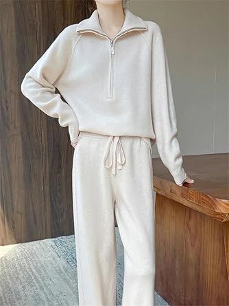 Women's High Neck Half Zip Pullover Sweatshirt And Wide Leg Pants Set Solid Wool Blend 2 Piece Outfits