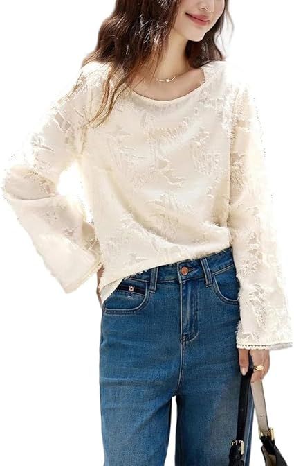 Women's French Style Chiffon Blouse with Tassel Long Sleeves Loose Fit Elegant Pullover Top