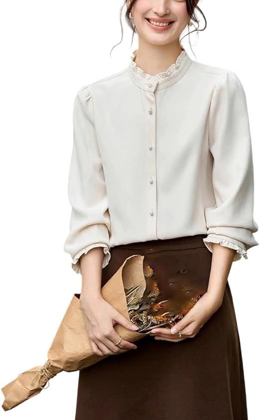 Women's French Vintage Ruffled Stand Collar Blouse Long Sleeve Button-Down Casual Loose Fit Work Shirt
