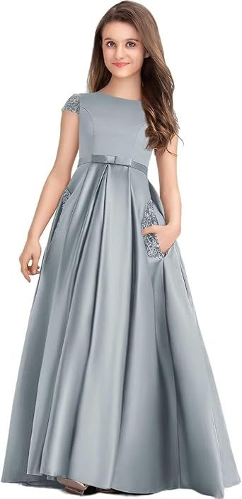 Princess Long Lace Satin Junior Bridesmaid Dress Flower Girl Dress