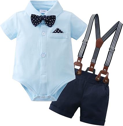 YUEMION Infant Baby Boy Clothes Gentleman Outfits Suits Summer Short Sleeve Bowtie Bodysuit Shirts + Suspender Shorts(0-24M)