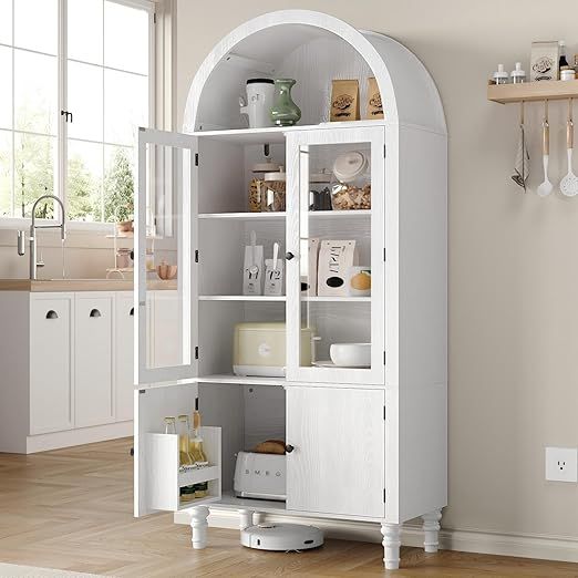 71" Tall Arched Pantry Cabinet, Modern Kitchen Storage Cabinet with Doors, 3 Adjustable Shelves, Door Shelves, Organizer, Versatile Cupboard for Kitchen, Bathroom, White