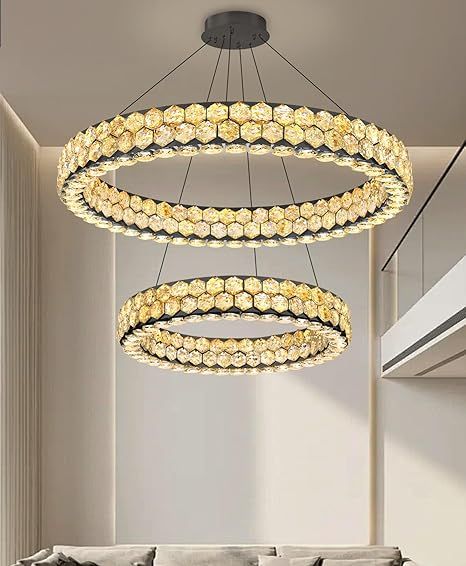 2 Rings Crystal Chandeliers for Dining Room for Living Room Bedroom High Ceiling Light Fixture LED Dimmable with Remote Ring Lights Black