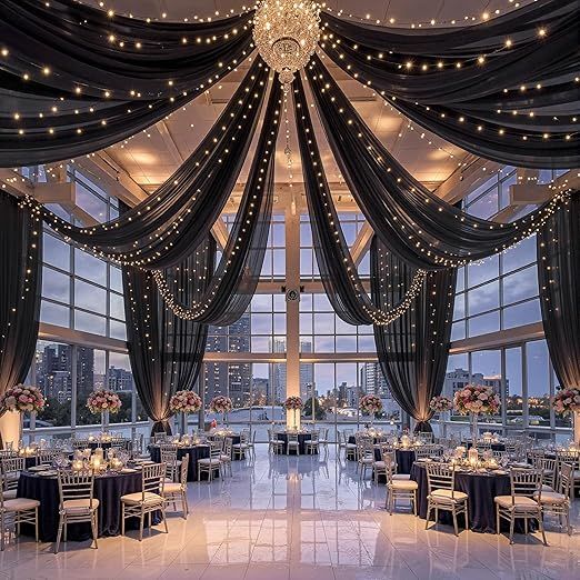 6 Panels Black Ceiling Curtains with Lights for Weddings - 5ftx30ft Wrinkle-Free Tulle Fabric Wedding Arch Draping Ceiling Drapes Decorations for Wedding Party Ceremony Stage Tent Event