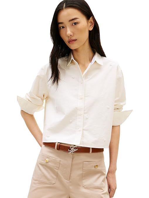 Tommy Hilfiger Womens Poplin Cropped Long Sleeve Button Down Shirt with Pearl Embellishment