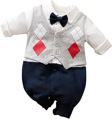 HUAANIUE Newborn Baby Boys Gentleman Romper One Piece Long Sleeve Bowtie Outfit Formal Wear Tuxedo Suit