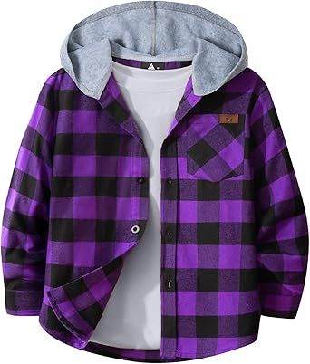 SWISSWELL Boys Long Sleeve Button-up Shirt with Hood Unisex Kids Cotton Plaid Hoodie Flannel Fall Shirts for 6-15 Years