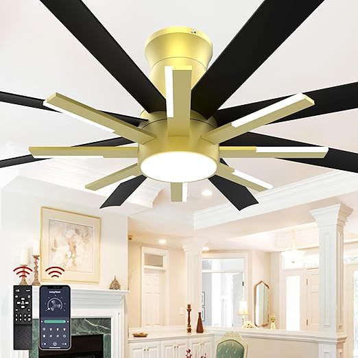 60 inch Black Ceiling Fans with Lights and Remote, Flush Mount Ceiling Fan for Living Room Bedoom，6 Speed Reversible，8 Blades and 9 Lights，3 CCT，Black Gold