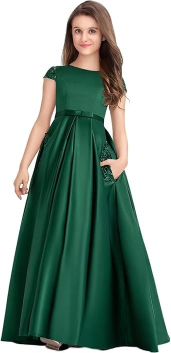 Princess Long Lace Satin Junior Bridesmaid Dress Flower Girl Dress