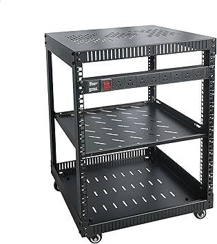 RIVECO 12U Network Rack with Reinforced Top Cover - 4 Post Floor Rack on Wheels for 19" Equipment & Stereo Gear- Including Rack Mount Power Strip & 1PCS 1U Rack Shelf