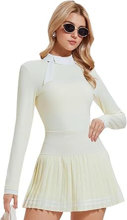 Women's 2 Piece Tennis Skirt Set Golf Outfits, Zip Back Top & Pleated Skort with Pockets, Pickleball Athletic Clothing