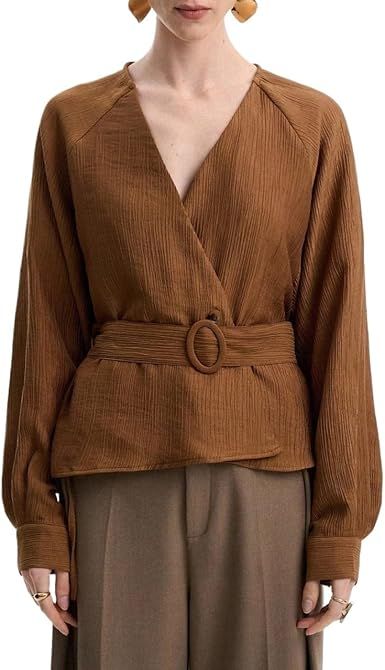 Shirts for Women Business Elegant Tie Button Front Waist Long Sleeve Blouse V Neck Work Office Outfits