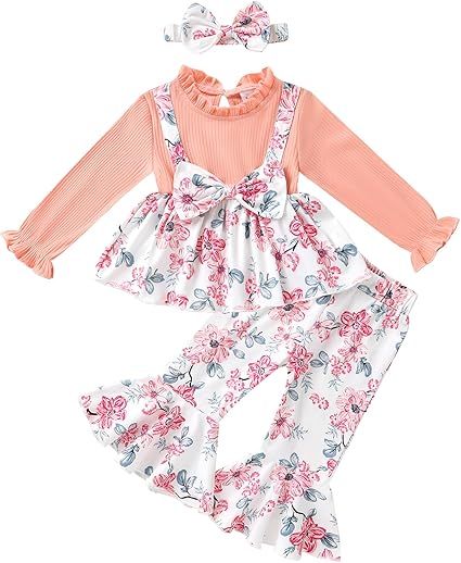 YOUNGER TREE Toddler Baby Girl Clothes Infant Fall Winter Outfits Long Sleeve Shirts and Ruffle Floral Pant Set