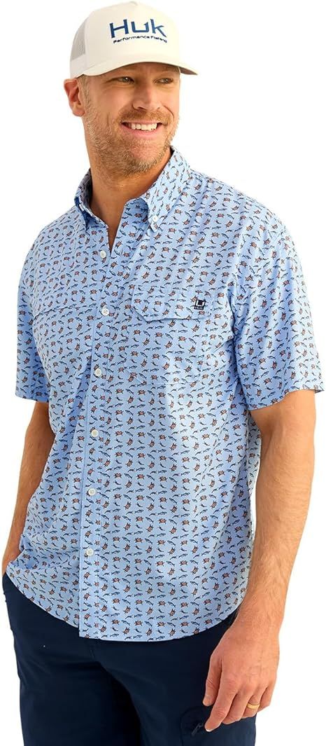HUK - Men's Tide Point Pattern Short Sleeve Shirt, Fishing Button Down