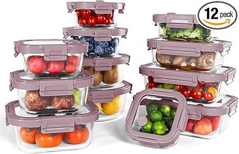 12-Pack Glass Containers with Tempered Lids – Borosilicate, Oven-Safe(-4°F~950°F), Airtight, BPA-Free, Multi-Size for Meal Prep, Dishwasher Safe (Pink)