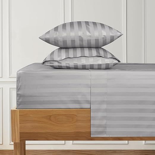 Damask Stripe Grand King Size Low Profile 6 Piece Sheet Set (7-10 Inches) - 1000 Thread Count 100% Egyptian Cotton Sateen 6 PC Luxury Bed Sheets Perfect for Low Profile Mattress - Silver Grey