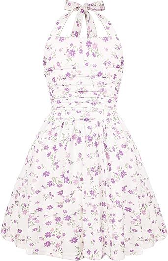 GRACE KARIN Girls Floral Summer Dress Spring Holiday Beach Party Sundress Halter Neck Tie Backless Dresses 7-14 Years